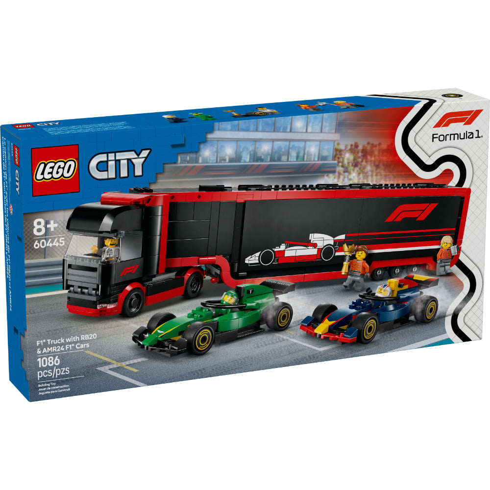 LEGO® City Camión de F1® con autos RB20 y AMR24, remolque aerodinámico, simulador de carreras, minifiguras de pilotos y equipo técnico.