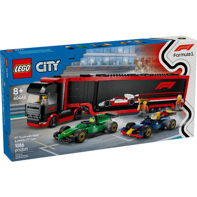 LEGO® City Camión de F1® con autos RB20 y AMR24, remolque aerodinámico, simulador de carreras, minifiguras de pilotos y equipo técnico.