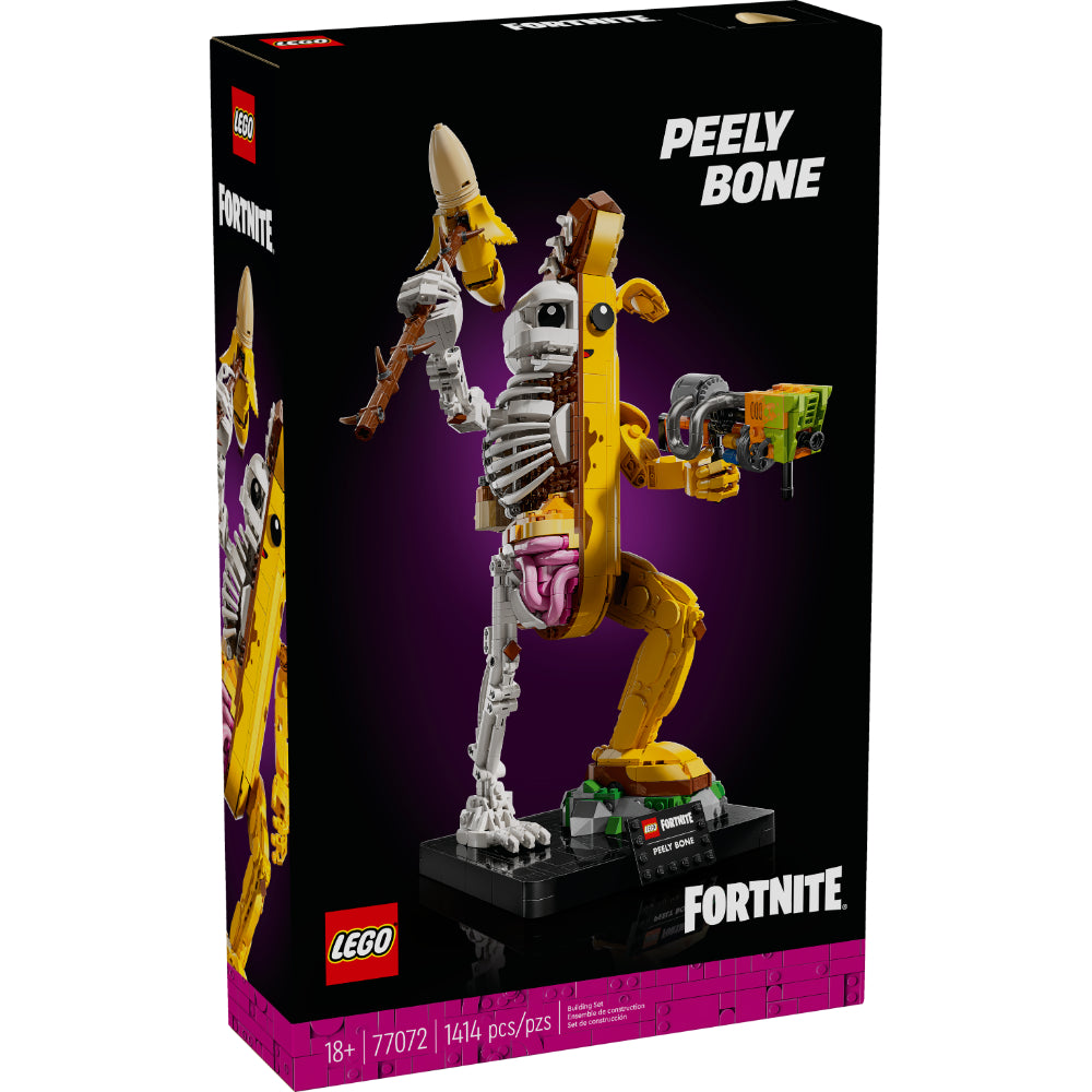 Set LEGO® Fortnite® Banano Pelado con figura mitad plátano mitad esqueleto, brazos móviles y accesorios como pico pelado, lanzador de pintura y mochila petate de potasio.