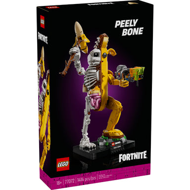 Set LEGO® Fortnite® Banano Pelado con figura mitad plátano mitad esqueleto, brazos móviles y accesorios como pico pelado, lanzador de pintura y mochila petate de potasio.