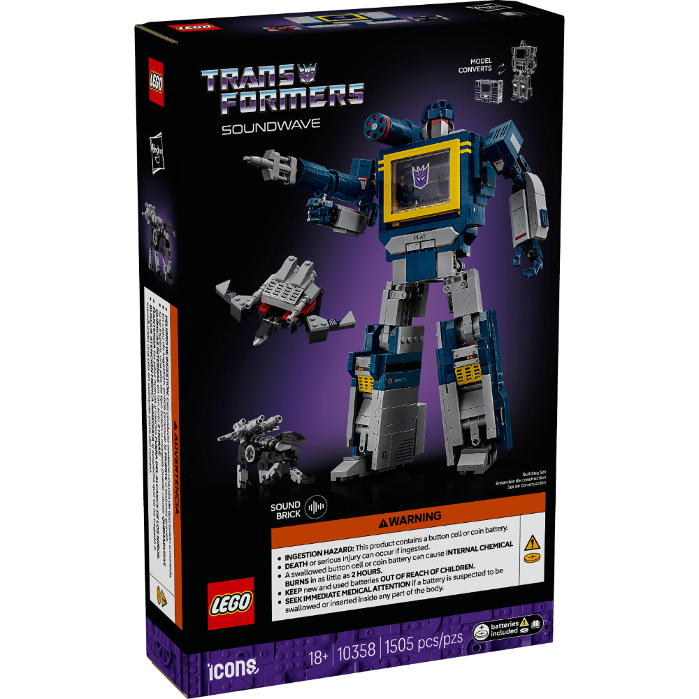 Set LEGO® Icons Transformers Soundwave 10358 con efectos de sonido y voz, figura transformable en modo casete y mini robots Ravage y Laserbeak incluidos.