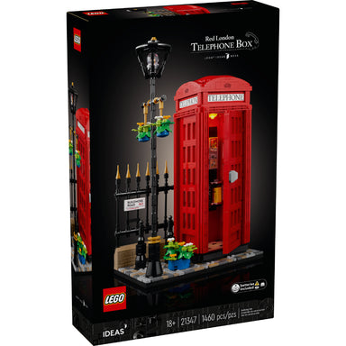 Set LEGO® Ideas Cabina Telefónica Roja de Londres 21347 con farola, flores y ladrillo con luz, una pieza decorativa nostálgica ideal para fans de los viajes y la historia.