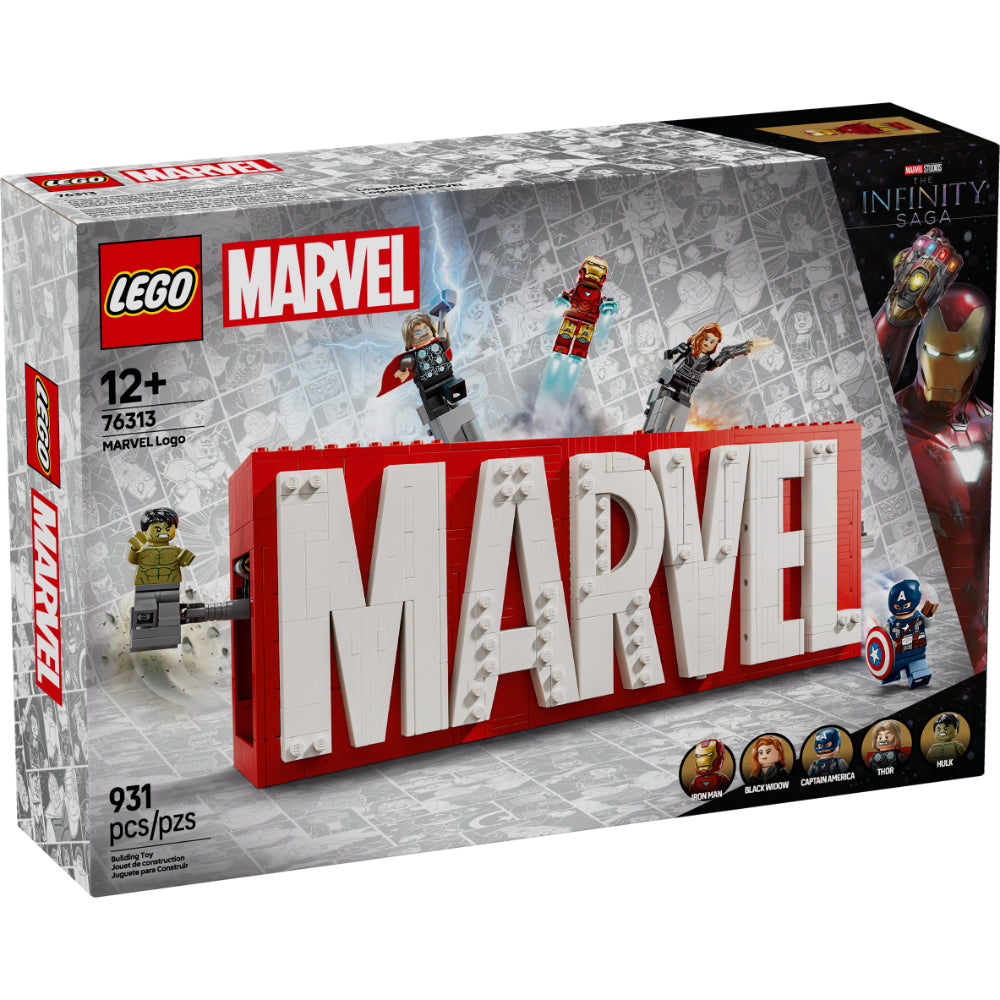 LEGO® Marvel Logotipo MARVEL y Minifiguras 76313 con Hulk, Thor, Iron Man, Viuda Negra y Capitán América emergiendo del icónico logo de Marvel.