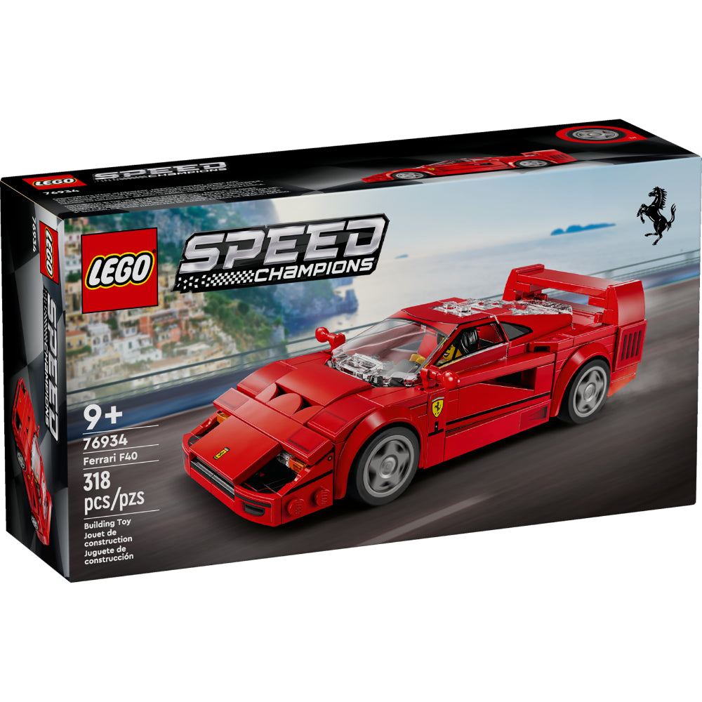 Set LEGO Speed Champions Ferrari F40 76934 con alerón trasero, llantas, entradas de aire y minifigura de piloto Ferrari.