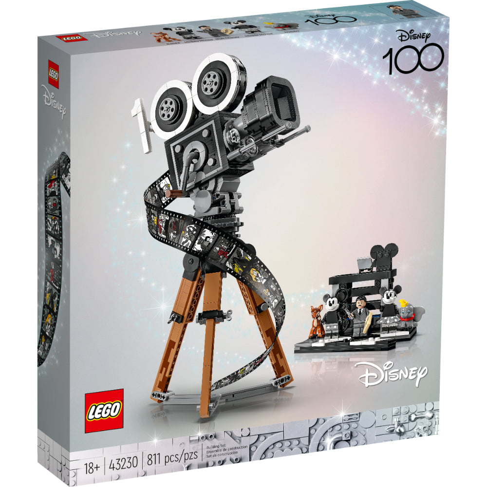 Set LEGO® Disney Cámara en Homenaje a Walt Disney con cámara de cine clásica, claqueta y minifiguras de Mickey, Minnie, Bambi, Dumbo y Walt Disney.