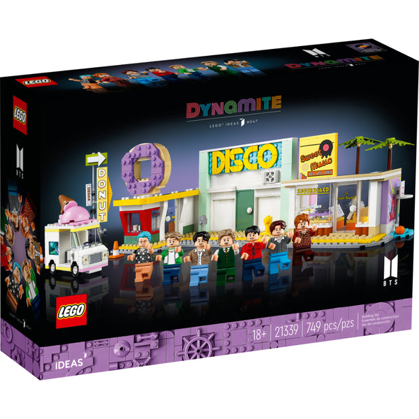 Set LEGO® Ideas BTS Dynamite 21339 inspirado en el video musical, con minifiguras de RM, Jin, SUGA, j-hope, Jimin, V y Jung Kook, escenarios detallados y plataforma giratoria para recrear la coreografía.
