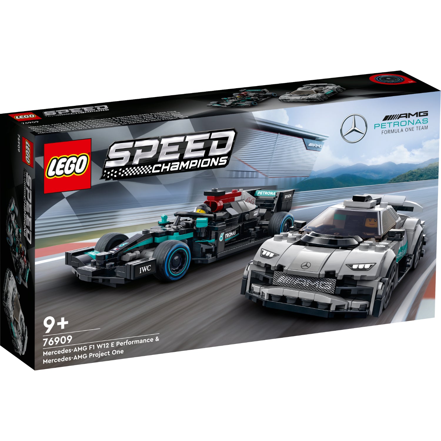 Colecciona, construye y corre con los autos LEGO® Speed Champions Mercedes-AMG F1 W12 E Performance y Mercedes-AMG Project One (76909). Incluye 2 minifiguras de pilotos, instrucciones impresas y digitales, y modelos auténticos listos para exhibir o competir en emocionantes carreras. Ideal para fanáticos de los autos y coleccionistas a partir de 9 años.