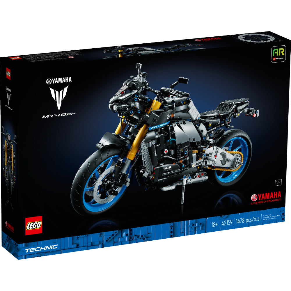 Set LEGO® Technic Yamaha MT-10 SP 42159 con motor de 4 cilindros, transmisión de 3 velocidades, suspensión realista y base expositora, ideal para fanáticos de las motos y la ingeniería.